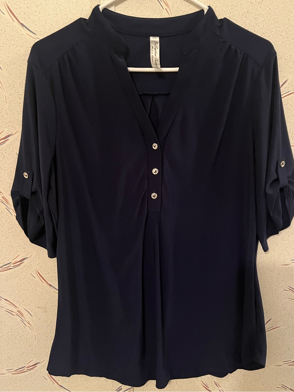 PerSeption Concept Navy Button-Placket V-Neck Blouse